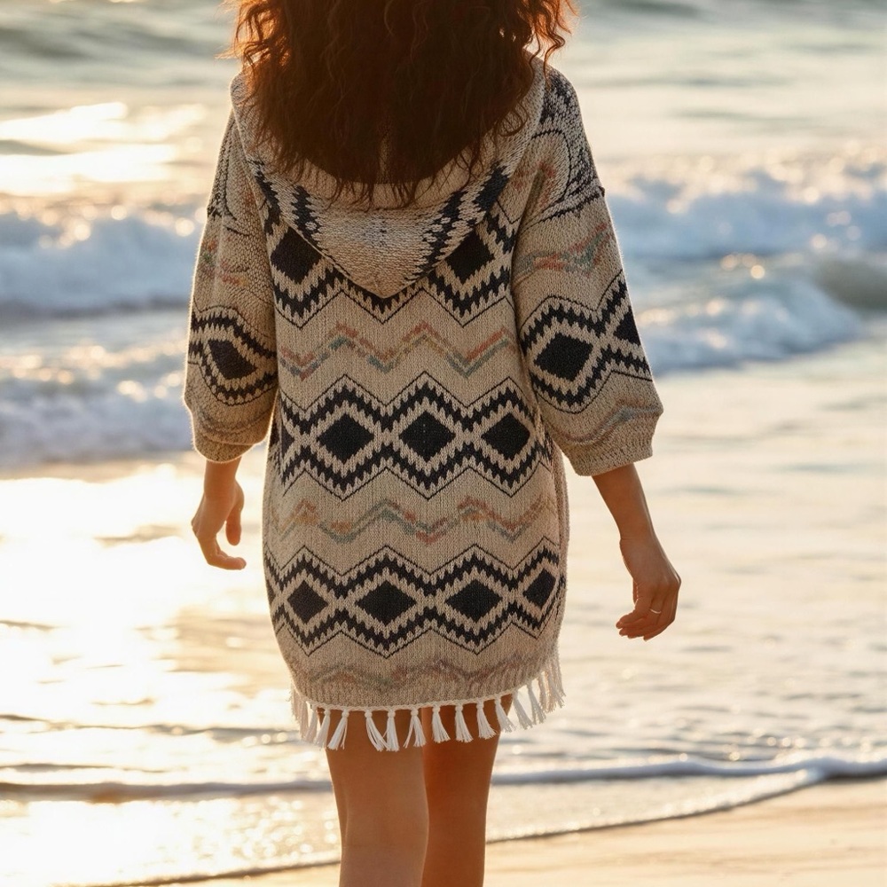 Orange Fashion Village NWT Hooded Geometric Knit Swim Cover-Up Size Small - Picture 6 of 7